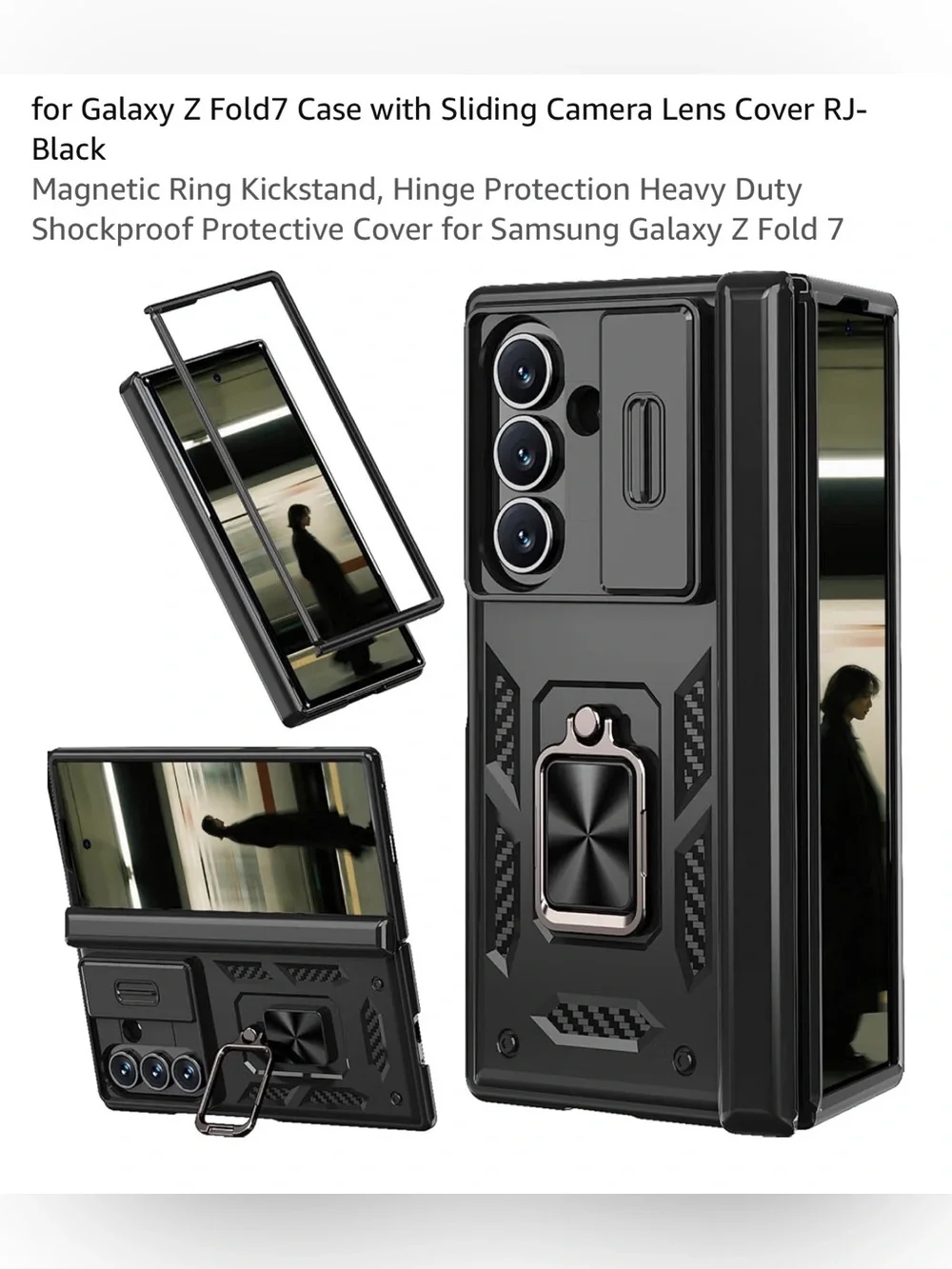 Galaxy Z Fold 7 Case with sliding camera lens cover RJ black magnetic ring stand
